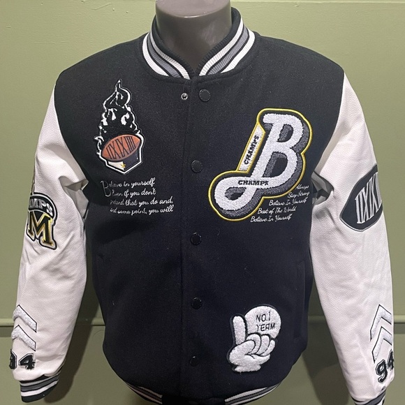 Bleecker&Mercer jacket varsity bomber black/white snap button - Picture 1 of 5